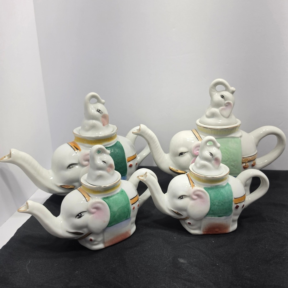Vintage Ceramic Elephant Teapot Set of 4 Hand Painted White Gold Trim Figural - Picture 3 of 10